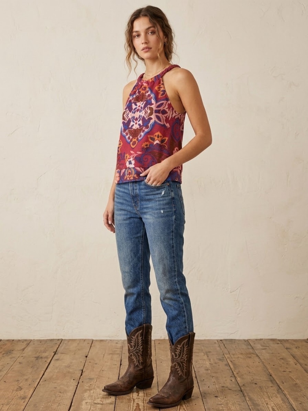Free People Red Multi Halter Camisole with Boho Medallion Print - Picture 2 of 9